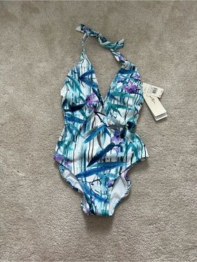 Gottex Blue Teal Floral Halter One-Piece Swimsuit